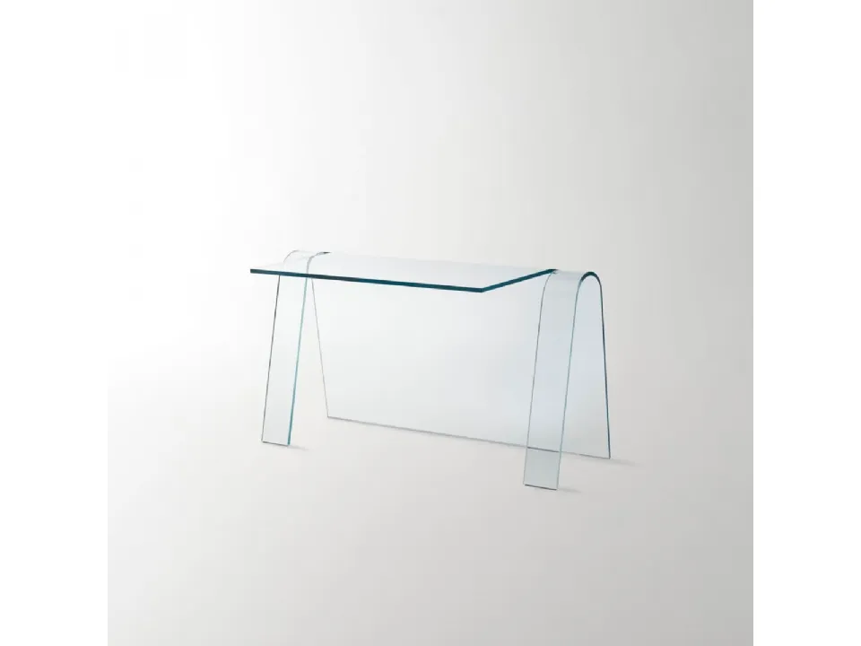 Scrittoio Folio ottenuto da un’unica lastra di cristallo trasparente extralight curvato di Glas Italia