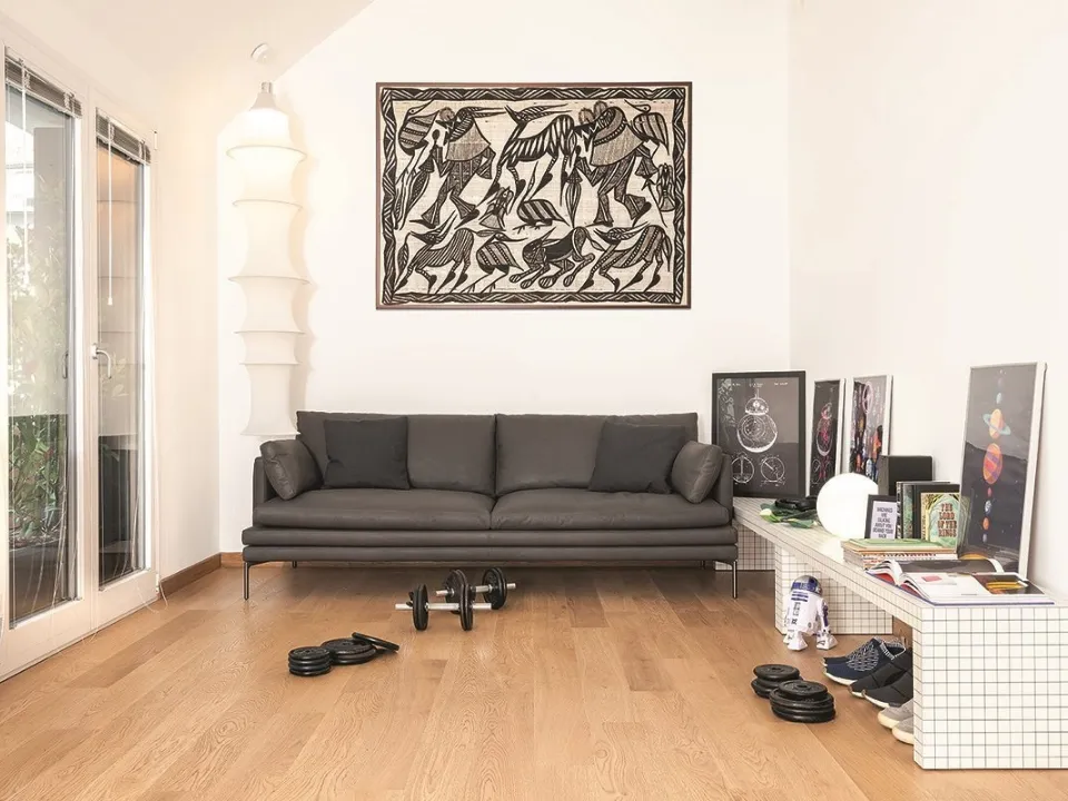 Tavolino con struttura in legno tamburato placcato in laminato Print, colore bianco, a stampa digitale a quadretti neri Quaderna 710 di Zanotta