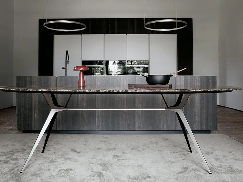 Tavolo Balance configurazione 01 con top in marmo Emperador Dark e telaio in acciaio bronzo di Extendo